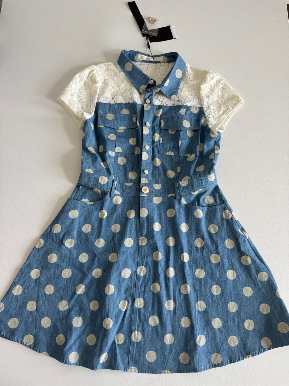Blue Polka Dot Dress with White Lace Yoke